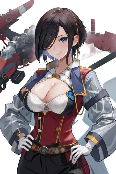 best quality, masterpiece, highres, solo, {ark_royal_azurlane:1.15}, blue_eyes, black_hair, short_hair, breasts, large_breasts, cleavage, hair_over_one_eye, smile, bangs, 1girl, looking_at_viewer, simple_background, cleavage_cutout, clothing_cutout, gloves, white_gloves, closed_mouth, eyes_visible_through_hair, long_sleeves, upper_body, white_background