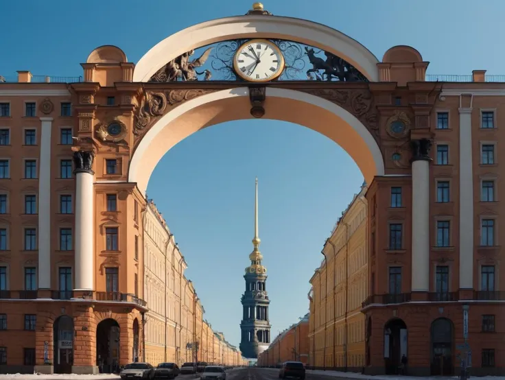 vhs tape of city, tower,  gigantism architecture,  archway, giant, from below,
high quality, beautiful, detailed, gorgeous,
shadow,  clock,
saint petersburg, arch, ,
<lora:piter-step00022500:0.9>,  film grain, 4k uhd