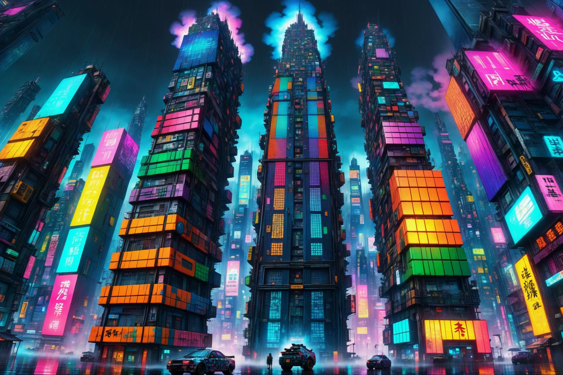 mad_colorful_checkers tall highrise in the center of wide cyberpunk sprawling cityscape, smoke, night, rain, hologram <lora:EnvyKyotopunkXL01:0.8> kyotopunk, <lora:Colorful_Checker_SDXL:0.8>, (masterpiece:1.2), best quality, (hyperdetailed, highest detailed:1.2), high resolution textures, <lora:EnvyBetterHiresFixXL01:1>