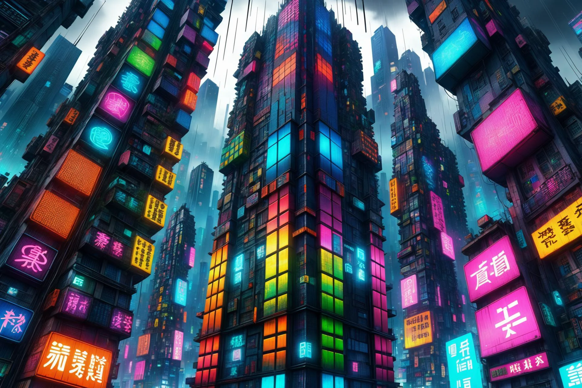 mad_colorful_checkers tall highrise in the center of wide cyberpunk sprawling cityscape, smoke, night, rain, hologram <lora:EnvyKyotopunkXL01:0.8> kyotopunk, <lora:Colorful_Checker_SDXL:0.8>, (masterpiece:1.2), best quality, (hyperdetailed, highest detailed:1.2), high resolution textures, <lora:EnvyBetterHiresFixXL01:1>