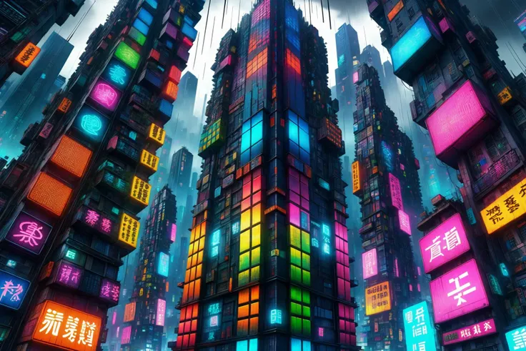 mad_colorful_checkers tall highrise in the center of wide cyberpunk sprawling cityscape, smoke, night, rain, hologram <lora:EnvyKyotopunkXL01:0.8> kyotopunk,  <lora:Colorful_Checker_SDXL:0.8>, (masterpiece:1.2), best quality, (hyperdetailed, highest detailed:1.2), high resolution textures, <lora:EnvyBetterHiresFixXL01:1>