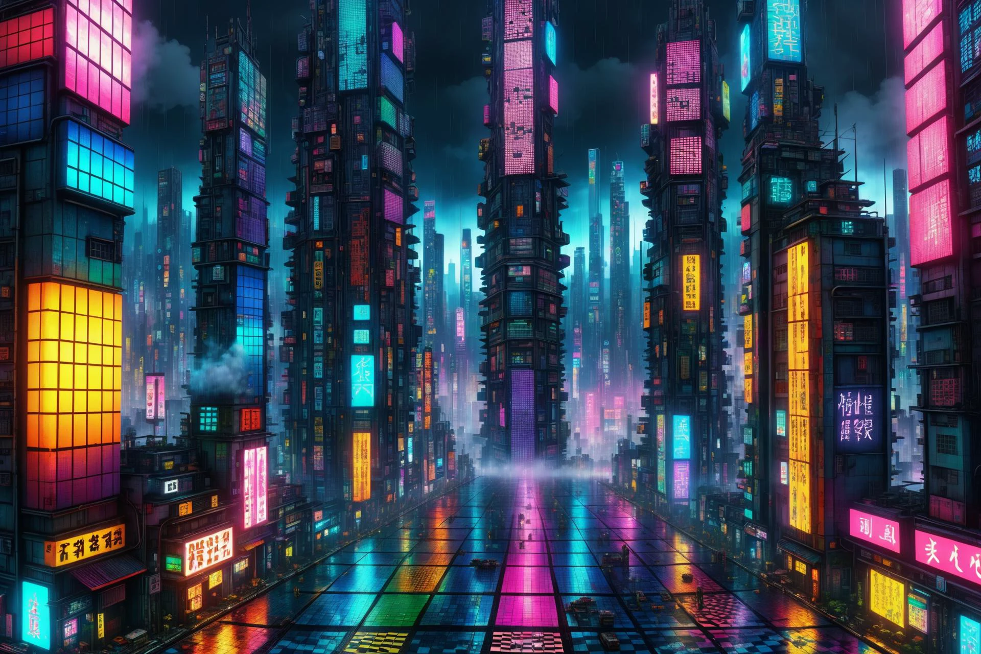 mad_colorful_checkers tall highrise in the center of wide cyberpunk sprawling cityscape, smoke, night, rain, hologram <lora:EnvyKyotopunkXL01:0.8> kyotopunk, <lora:Colorful_Checker_SDXL:0.8>, (masterpiece:1.2), best quality, (hyperdetailed, highest detailed:1.2), high resolution textures, <lora:EnvyBetterHiresFixXL01:1>