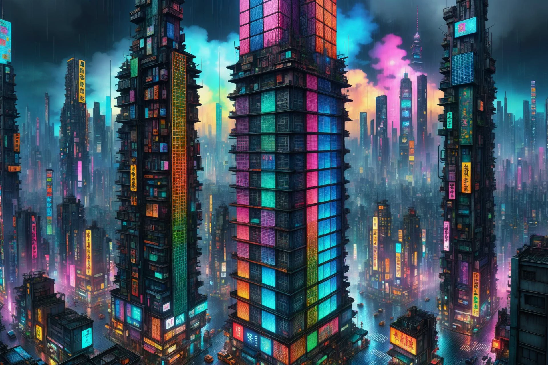 mad_colorful_checkers tall highrise in the center of wide cyberpunk sprawling cityscape, smoke, night, rain, hologram <lora:EnvyKyotopunkXL01:0.8> kyotopunk, <lora:Colorful_Checker_SDXL:0.8>, (masterpiece:1.2), best quality, (hyperdetailed, highest detailed:1.2), high resolution textures, <lora:EnvyBetterHiresFixXL01:1>