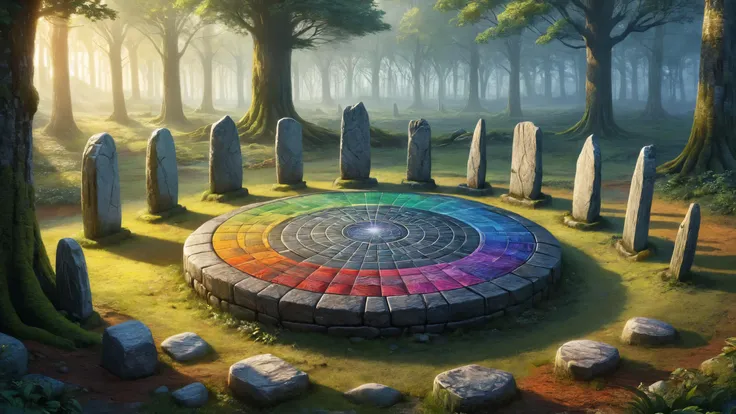 photorealistic detailed digital illustration of a circle of mad_colorful_checkers standing stones,  Crystalline forests resonating with harmonic vibrations in the background,, Dreamyvibes Artstyle Alex Grey, Hyperdetailed, Trending on artstation, award winning <lora:Colorful_Checker_SDXL:0.8>  <lora:add-detail-xl:0.8> <lora:Dreamyvibes artstyle SDXL - Trigger with dreamyvibes artstyle:0.7>