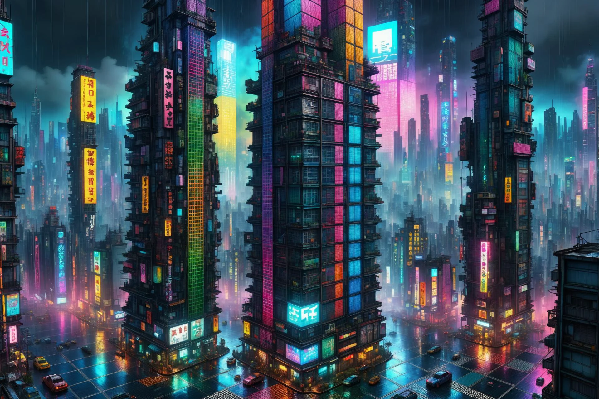 mad_colorful_checkers tall highrise in the center of wide cyberpunk sprawling cityscape, smoke, night, rain, hologram <lora:EnvyKyotopunkXL01:0.8> kyotopunk, <lora:Colorful_Checker_SDXL:0.8>, (masterpiece:1.2), best quality, (hyperdetailed, highest detailed:1.2), high resolution textures, <lora:EnvyBetterHiresFixXL01:1>
