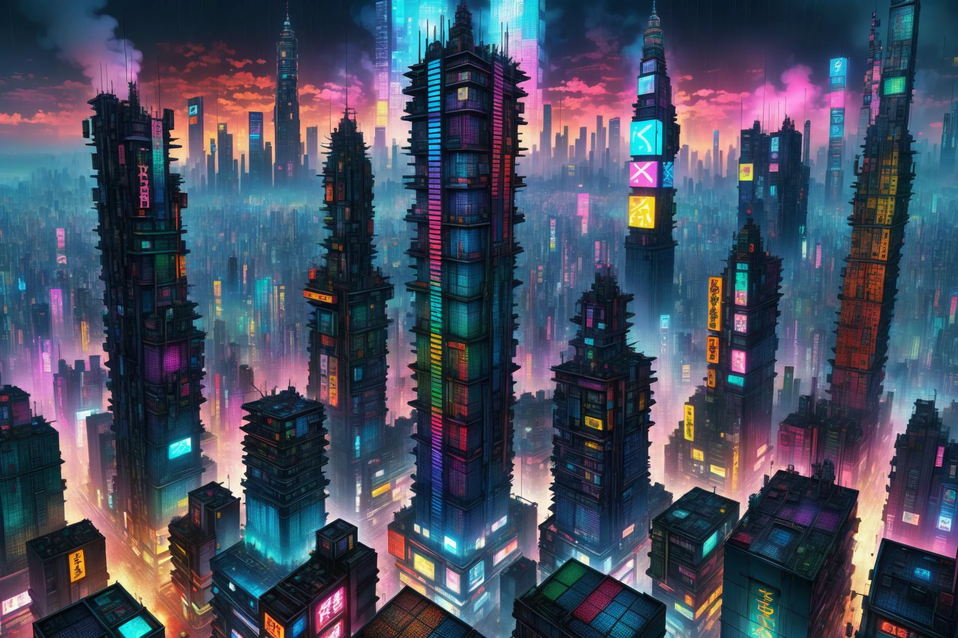 mad_colorful_checkers tall highrise in the center of wide cyberpunk sprawling cityscape, smoke, night, rain, hologram <lora:EnvyKyotopunkXL01:0.8> kyotopunk, <lora:Colorful_Checker_SDXL:0.8>, (masterpiece:1.2), best quality, (hyperdetailed, highest detailed:1.2), high resolution textures, <lora:EnvyBetterHiresFixXL01:1>