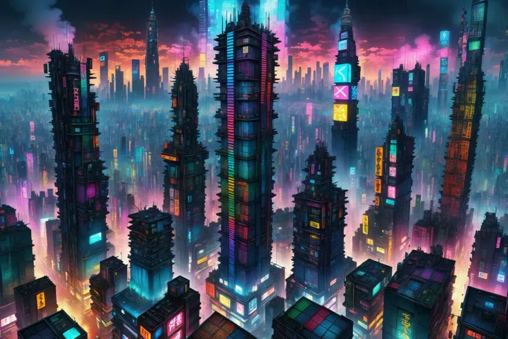 mad_colorful_checkers tall highrise in the center of wide cyberpunk sprawling cityscape, smoke, night, rain, hologram <lora:EnvyKyotopunkXL01:0.8> kyotopunk,  <lora:Colorful_Checker_SDXL:0.8>, (masterpiece:1.2), best quality, (hyperdetailed, highest detailed:1.2), high resolution textures, <lora:EnvyBetterHiresFixXL01:1>