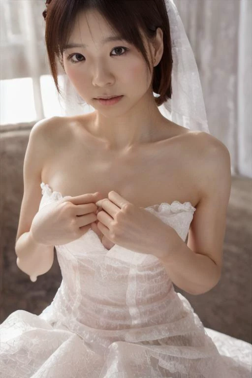 masterpiece, best quality, ultra high res, ultra detail, realistic, photorealistic, ultra realistic, professional lighting, depth of field, looking at viewer, hikari, 1girl, solo, 3d, dynamic pose, dynamic angle, extreme detailed face, bob hair, medium breasts, skinny body, extreme detailed fingers, <lora:SeethroughWeddingDress_v1:0.5> , seethrough_wedding_dress