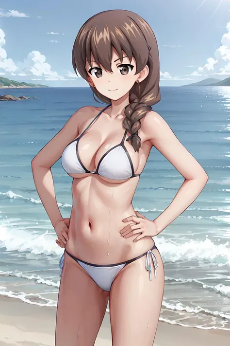 masterpiece, best quality, 1girl, solo, girls und panzer, rukuriri, single braid, (white bikini:1.2),looking at viewer, standing, hands on hips, wet skin, beach, sand, ocean, blue sky <lora:Rukuriri:0.6>