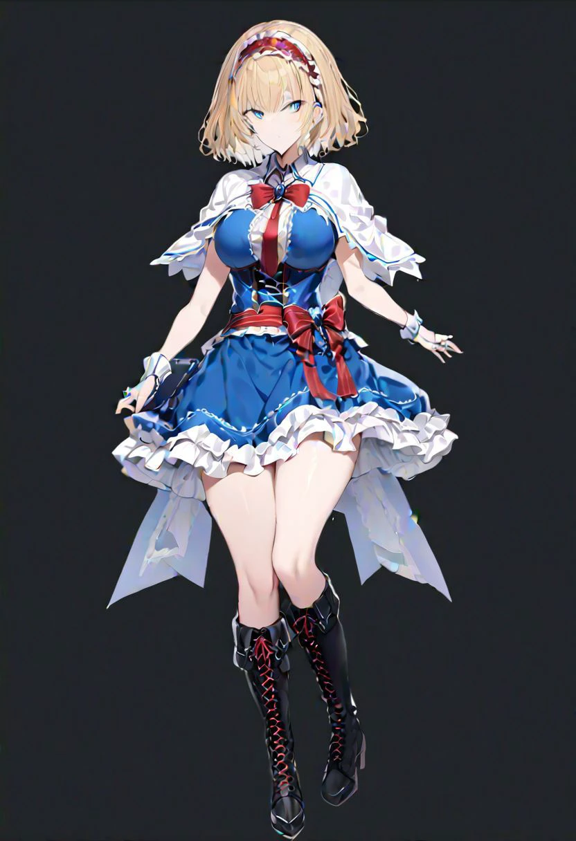 masterpiece, best quality, ultra-detailed, beautiful, nai3, 1girl, solo, full_body, tachi-e,
alice_margatroid, 1girl, lace, lace-trimmed hairband, short_hair, blonde_hair, bow, blue_eyes, ribbon, dress, frills, jewelry, hairband, boots, necktie, book, capelet, blue_dress, cross-laced_footwear, high_heels, red_hairband, medium_hair, shanghai_doll, lace-up_boots, sash, knee_boots, doll, petticoat, frilled_dress, corset, ring,