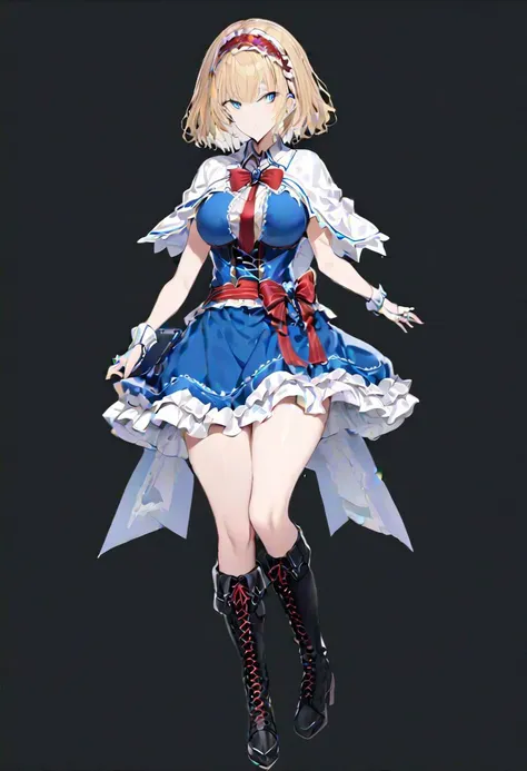 masterpiece, best quality, ultra-detailed, beautiful, nai3, 1girl, solo, full_body, tachi-e, 
alice_margatroid, 1girl, lace, lace-trimmed hairband, short_hair, blonde_hair, bow, blue_eyes, ribbon, dress, frills, jewelry, hairband, boots, necktie, book, capelet, blue_dress, cross-laced_footwear, high_heels, red_hairband, medium_hair, shanghai_doll, lace-up_boots, sash, knee_boots, doll, petticoat, frilled_dress, corset, ring,