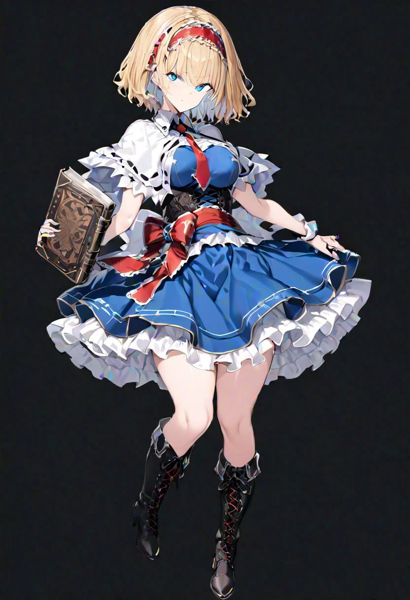 masterpiece, best quality, ultra-detailed, beautiful, nai3, 1girl, solo, full_body, tachi-e,
alice_margatroid, 1girl, lace, lace-trimmed hairband, short_hair, blonde_hair, bow, blue_eyes, ribbon, dress, frills, jewelry, hairband, boots, necktie, book, capelet, blue_dress, cross-laced_footwear, high_heels, red_hairband, medium_hair, shanghai_doll, lace-up_boots, sash, knee_boots, doll, petticoat, frilled_dress, corset, ring,