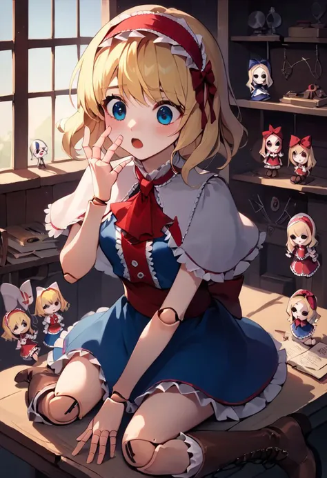 score_9, score_8_up, score_7_up, masterpiece, perfect face, anime, 1girl, alice margatroid, blonde hair, medium hair, red hairband, white frills, frilled hairband, blue dress, white capelet, red ascot, frilled ascot, red sash, frilled sash, brown boots, cross-laced boots, marionetka, a puppet in, marionette strings, puppet strings, doll joints, doll-jointed fingers, hand up, hand in front of face, hand in front of eyes, (looking at fingers, staring at fingers), surprised, embarrassed, workshop, doll-maker's workshop, doll-making workshop, unfinished dolls, dolls on shelf