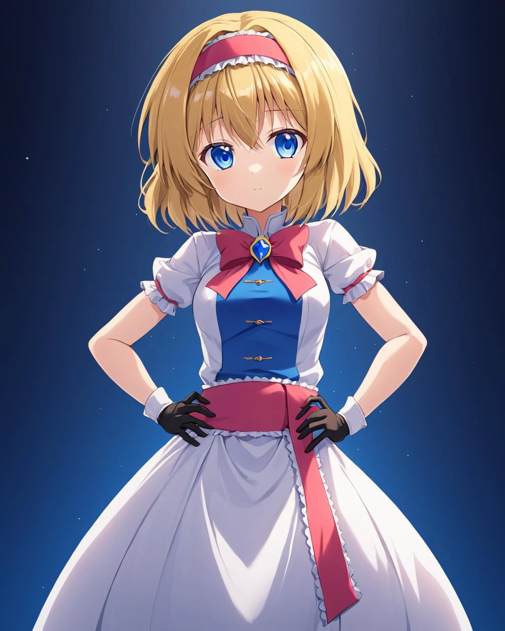 alice margatroid,1girl, solo, elbow_gloves, hairband, alternate_costume, dress, hand_on_hip
<lora:alice_margatroid_image3379_2023-12-11-000006:1>,star-shaped_pupils,symbol-shaped_pupils,. gorgeous,key visual, vibrant, studio anime,award-winning, professional, highly detailed,high budget, cinemascope