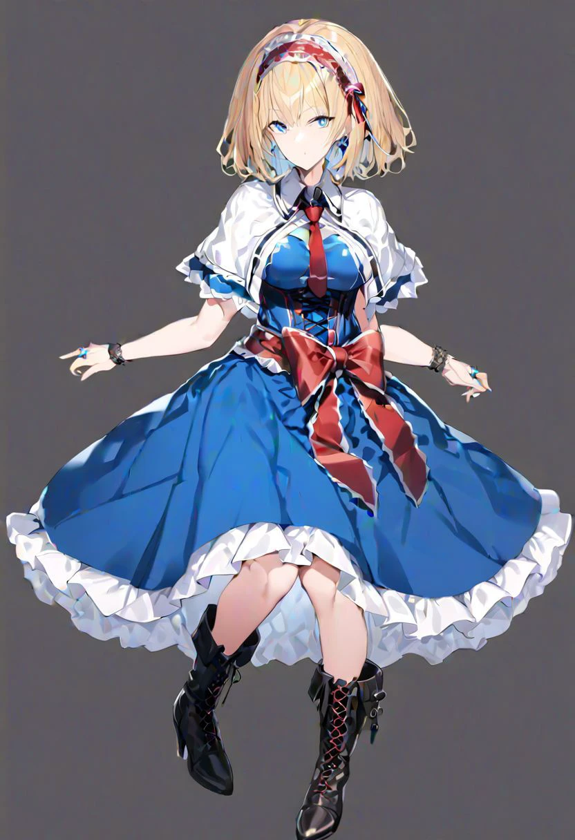 masterpiece, best quality, ultra-detailed, beautiful, nai3, 1girl, solo, full_body, tachi-e,
alice_margatroid, 1girl, lace, lace-trimmed hairband, short_hair, blonde_hair, bow, blue_eyes, ribbon, dress, frills, jewelry, hairband, boots, necktie, book, capelet, blue_dress, cross-laced_footwear, high_heels, red_hairband, medium_hair, shanghai_doll, lace-up_boots, sash, knee_boots, doll, petticoat, frilled_dress, corset, ring,