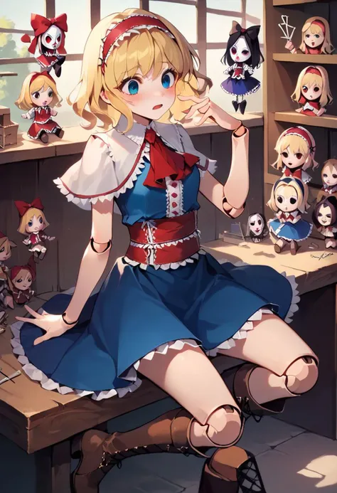 score_9, score_8_up, score_7_up, masterpiece, perfect face, anime, 1girl, alice margatroid, blonde hair, medium hair, red hairband, white frills, frilled hairband, blue dress, white capelet, red ascot, frilled ascot, red sash, frilled sash, brown boots, cross-laced boots, marionetka, a puppet in, marionette strings, puppet strings, doll joints, doll-jointed fingers, hand up, hand in front of face, hand in front of eyes, (looking at fingers, staring at fingers), surprised, embarrassed, workshop, doll-maker's workshop, doll-making workshop, unfinished dolls, dolls on shelf