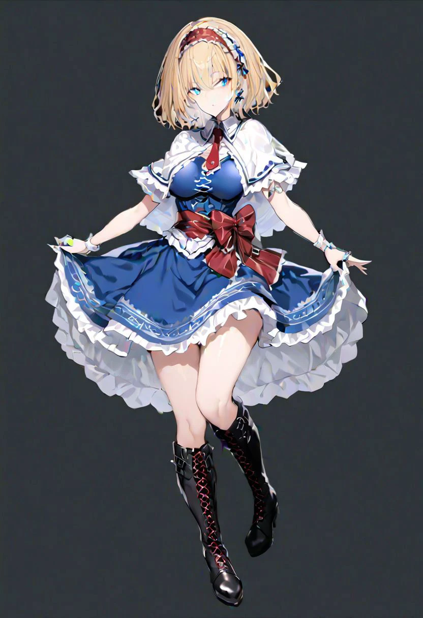 masterpiece, best quality, ultra-detailed, beautiful, nai3, 1girl, solo, full_body, tachi-e,
alice_margatroid, 1girl, lace, lace-trimmed hairband, short_hair, blonde_hair, bow, blue_eyes, ribbon, dress, frills, jewelry, hairband, boots, necktie, book, capelet, blue_dress, cross-laced_footwear, high_heels, red_hairband, medium_hair, shanghai_doll, lace-up_boots, sash, knee_boots, doll, petticoat, frilled_dress, corset, ring,