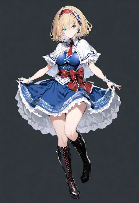 masterpiece, best quality, ultra-detailed, beautiful, nai3, 1girl, solo, full_body, tachi-e, 
alice_margatroid, 1girl, lace, lace-trimmed hairband, short_hair, blonde_hair, bow, blue_eyes, ribbon, dress, frills, jewelry, hairband, boots, necktie, book, capelet, blue_dress, cross-laced_footwear, high_heels, red_hairband, medium_hair, shanghai_doll, lace-up_boots, sash, knee_boots, doll, petticoat, frilled_dress, corset, ring,