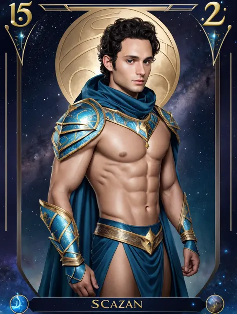 (GS-Masculine:1), (1boy), (front side view), close up shot, (looking at viewer), Very detailed young handsome face, heroic, detailed realistic open eyes, wide shoulders, short midsection, detailed hands, (soft smile). tan glowing skin, (best quality:1.2), in the style of (tarot cards), astrology, cosmos, star dust, zodiac, constellations, mystic symbols, magical armor, loincloth, scorpio the scorpion, water elemental, penn badgley