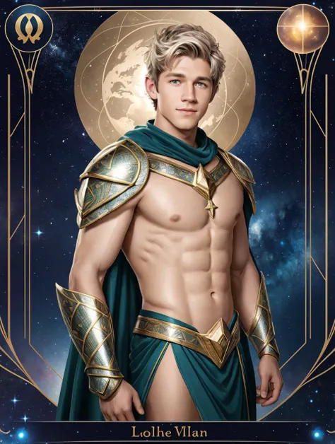 (GS-Masculine:1), (1boy), (front side view), close up shot, (looking at viewer), Very detailed young handsome face, heroic, detailed realistic open eyes, wide shoulders, short midsection, detailed hands, (soft smile). tan glowing skin, (best quality:1.2), in the style of (tarot cards), astrology, cosmos, star dust, zodiac, constellations, mystic symbols, magical armor, loincloth, virgo the virgin, earth elemental, niall horan
