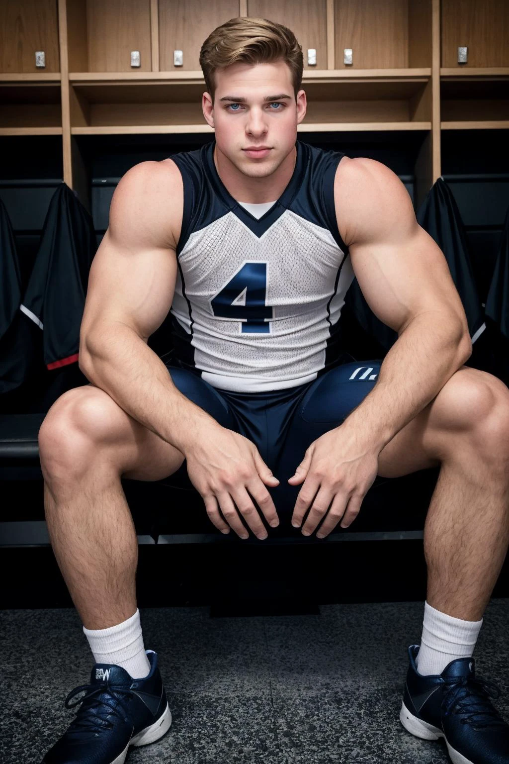 photo (wearing football jersey) nick_sandell <lora:nick_sandell_v3_preppy-06:0.50> by Rick Day, sitting on locker room bench in a gym, American football, candid shot, resting arms on legs, looking at viewer, shoulder pads, cleats