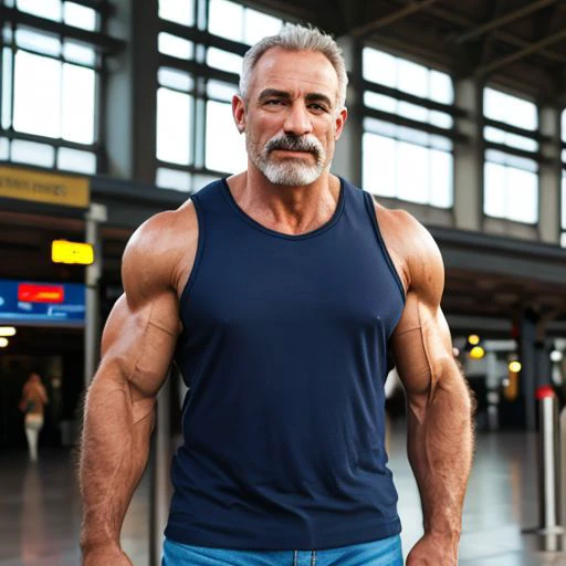 photography, model shot, 55yo man, muscular build, fit, bodybuilder, marked features, (hairy pecs), wearing a tank top shirt in train station, Standing with Hands in Pockets, beautiful detailed eyes, professional award winning portrait photography, Zeiss 150mm f/2.8, highly detailed glossy eyes, high detailed skin, skin pores, rainy day, Realistic, photoreal, high definition, high contrast, high saturation, highly detailed, high quality, masterpiece, volumetric light