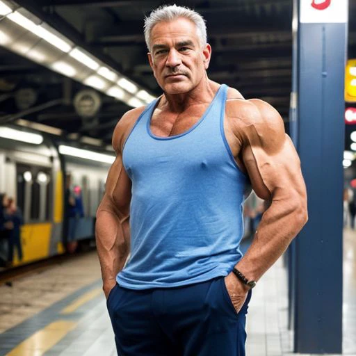 photography, model shot, 55yo man, muscular build, fit, bodybuilder, marked features, hair in  chest, wearing a tank top  shirt in train station, Standing with Hands in Pockets, beautiful detailed eyes, professional award winning portrait photography, Zeiss 150mm f/2.8, highly detailed glossy eyes, high detailed skin, skin pores, rainy day