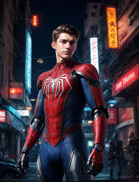 (GS-Masculine:1), (1boy), close up shot, Very detailed young handsome face, heroic, detailed realistic open eyes, vascular, wide shoulders, short midsection, detailed hands, tan glowing skin, freckles, depth of field, dynamic angles, (spiderman), tom holland, andrew garfield, tobey maguire, (cyberpunk style:1.2), piercings, neo cyberpunk city, plastic vest, light ripped pants, combat gear, police officer, (robotic arms:1.2), robotic hands, neon lights, city street at night, street lights, sci fi world, gadgets, power cells, cybernetics, (best quality:1.2), <lora:more_details:0.5>