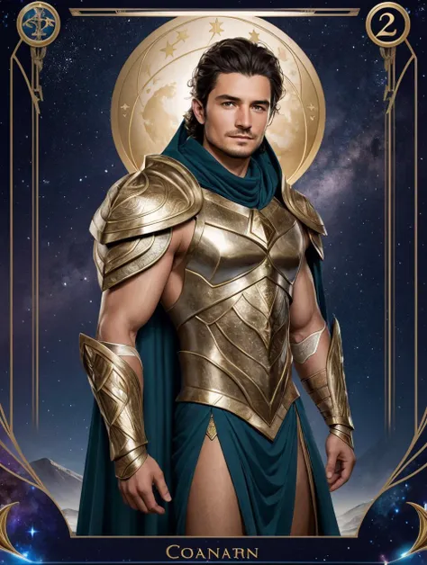 (GS-Masculine:1), (1boy), (front side view), close up shot, (looking at viewer), Very detailed young handsome face, heroic, detailed realistic open eyes, wide shoulders, short midsection, detailed hands, (soft smile). tan glowing skin, (best quality:1.2), in the style of (tarot cards), astrology, cosmos, star dust, zodiac, constellations, mystic symbols, magical armor, loincloth, capricorn the goat, earth elemental, orlando bloom