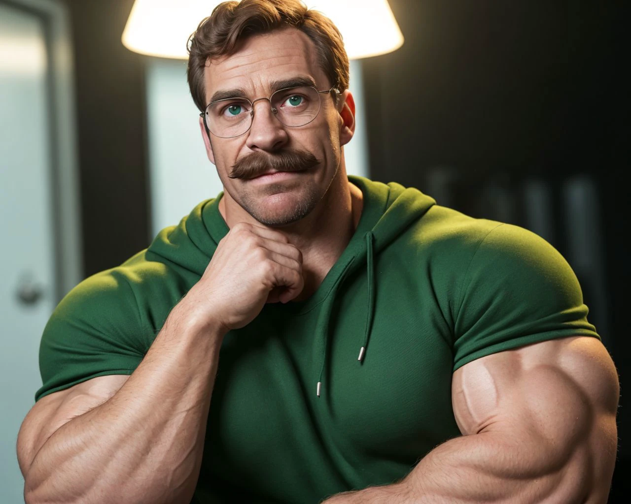 (photo:1.2), (one male), (upper body portrait), (looking at viewer), a masculine sexy rugged young hairy (Sexy Young Ned Flanders:1.15)+(bodybuilder:1.1) with large delts, Very detailed masculine face+mustache, glasses, (tight green sweatshirt:1.15), (huge arms), (detailed realistic open eyes:0.5), muscular, aesthetic muscular body, big muscles, (hyper pecs:1.25), hairy pecs, (hyper_muscles:1.2), narrow waist and hips, fierce looking face, vibrant, photorealistic, realistic, dramatic, dark, sharp focus, 8k., high quality, 3 point lighting, flash with softbox, 4k, Canon EOS R3, hdr, smooth, sharp focus, high resolution, 80mm, f2.8, bokeh, the Simpsons
