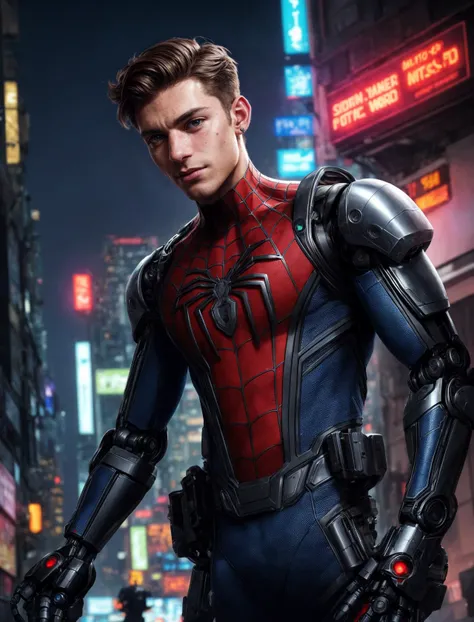 (GS-Masculine:1), (1boy), close up shot, Very detailed young handsome face, heroic, detailed realistic open eyes, vascular, wide shoulders, short midsection, detailed hands, tan glowing skin, freckles, depth of field, dynamic angles, (spiderman), tom holland, andrew  garfield, tobey maguire, (cyberpunk style:1.2), piercings, neo cyberpunk city, plastic vest, light ripped pants, combat gear, police officer, (robotic arms:1.2), robotic hands, neon lights, city street at night, street lights, sci fi world, gadgets, power cells, cybernetics, (best quality:1.2), <lora:more_details:0.5>