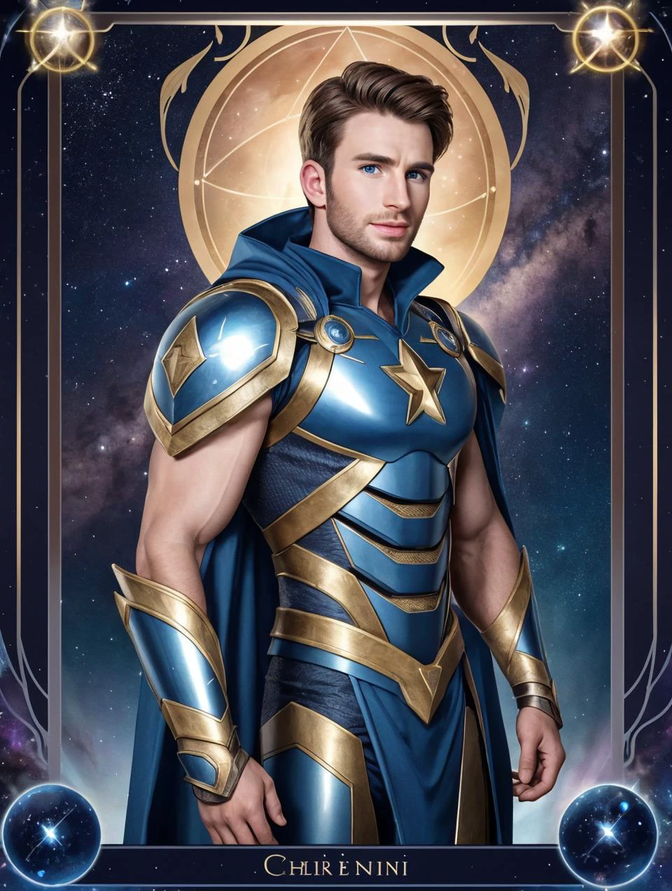 (GS-Masculine:1), (1boy), (front side view), close up shot, (looking at viewer), Very detailed young handsome face, heroic, detailed realistic open eyes, wide shoulders, short midsection, detailed hands, (soft smile). tan glowing skin, (best quality:1.2), in the style of (tarot cards), astrology, cosmos, star dust, zodiac, constellations, mystic symbols, magical armor, loincloth, gemini the twin, air elemental, chris evans