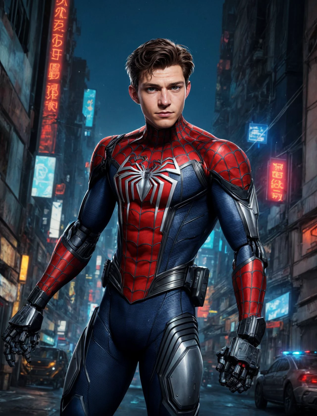 depth of field, dynamic angles, (spiderman), tom holland, andrew garfield, tobey maguire, (cyberpunk style:1.2), piercings, neo cyberpunk city, plastic vest, light ripped pants, combat gear, police officer, (robotic arms:1.2), robotic hands, neon lights, city street at night, street lights, sci fi world, gadgets, power cells, cybernetics, (best quality:1.2), <lora:more_details:0.5>