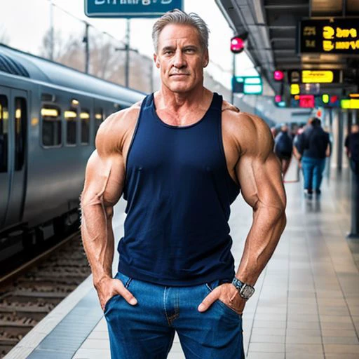photography, model shot, 55yo man, muscular build, fit, bodybuilder, marked features, hair in chest, wearing a tank top shirt in train station, Standing with Hands in Pockets, beautiful detailed eyes, professional award winning portrait photography, Zeiss 150mm f/2.8, highly detailed glossy eyes, high detailed skin, skin pores, rainy day