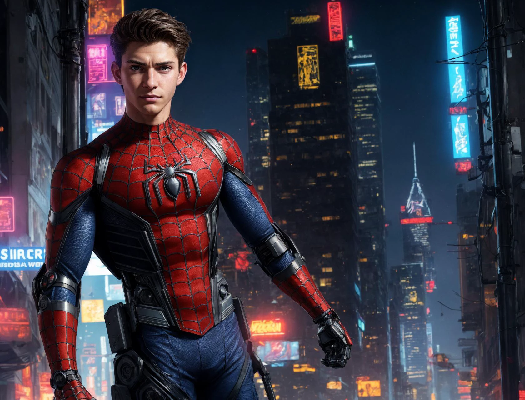 (GS-Masculine:1), (1boy), close up shot, Very detailed young handsome face, heroic, detailed realistic open eyes, vascular, wide shoulders, short midsection, detailed hands, tan glowing skin, freckles, depth of field, dynamic angles, (spiderman), tom holland, andrew garfield, tobey maguire, (cyberpunk style:1.2), piercings, neo cyberpunk city, plastic vest, light ripped pants, combat gear, police officer, (robotic arms:1.2), robotic hands, neon lights, city street at night, street lights, sci fi world, gadgets, power cells, cybernetics, (best quality:1.2), <lora:more_details:0.5>