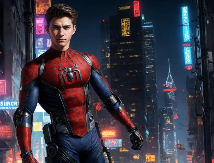 (GS-Masculine:1), (1boy), close up shot, Very detailed young handsome face, heroic, detailed realistic open eyes, vascular, wide shoulders, short midsection, detailed hands, tan glowing skin, freckles, depth of field, dynamic angles, (spiderman), tom holland, andrew garfield, tobey maguire, (cyberpunk style:1.2), piercings, neo cyberpunk city, plastic vest, light ripped pants, combat gear, police officer, (robotic arms:1.2), robotic hands, neon lights, city street at night, street lights, sci fi world, gadgets, power cells, cybernetics, (best quality:1.2), <lora:more_details:0.5>