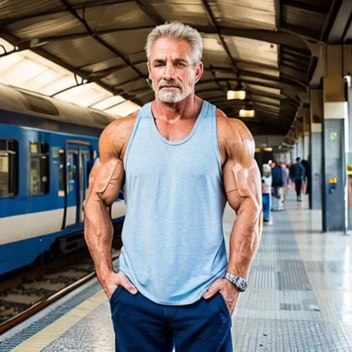 photography, model shot, 55yo man, muscular build, fit, bodybuilder, marked features, hair in  chest, wearing a tank top  shirt in train station, Standing with Hands in Pockets, beautiful detailed eyes, professional award winning portrait photography, Zeiss 150mm f/2.8, highly detailed glossy eyes, high detailed skin, skin pores, rainy day