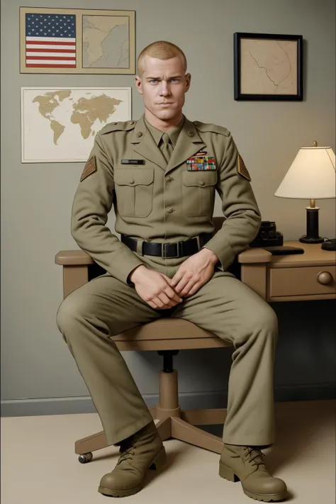 <lora:v4_p_josman-10:1> handsome man dressed as a soldier, sitting in a chair on an army base, wearing a well-fitted army uniform and combat boots, blond buzzcut, serious determined expression, maps hanging on wall, corkboard, photographs, flag, small window, desk lamp