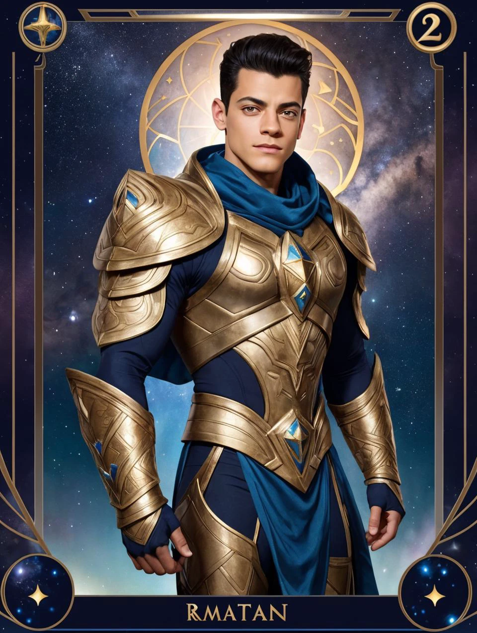(GS-Masculine:1), (1boy), (front side view), close up shot, (looking at viewer), Very detailed young handsome face, heroic, detailed realistic open eyes, wide shoulders, short midsection, detailed hands, (soft smile). tan glowing skin, (best quality:1.2), in the style of (tarot cards), astrology, cosmos, star dust, zodiac, constellations, mystic symbols, magical armor, loincloth, taurus the bull, earth elemental, rami malek