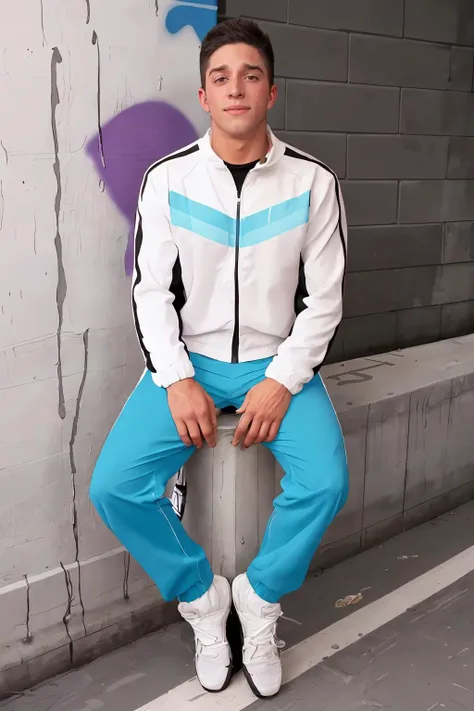 male focus, sc_calvin <lora:sc_calvin-06:0.8> relaxed confident expression, in front of colorful weathered concrete wall, fashion editorial, GQ-Magazine, wearing tight-fitting <lora:w1ndbr4k3r:0.75> w1ndbr4k3r, white footwear, track jacket, track suit, track pants, sitting on concrete block, (graffiti)