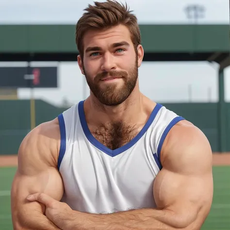 male, muscular, ((handsome face)), soft smile, looking at viewer, white sleeveless shirt, athletic shorts, brown hair, hairy arms, hairy chest, beard, <lora:muscle_slider_v1:2>, baseball field