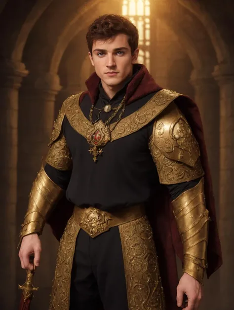 (GS-Masculine:1) (one male), Very detailed youthful face, heroic, detailed realistic open eyes, (muscular:1.5), bodybuilder, (big muscles), (hyper pecs), (hairy pecs), high quality, vibrant colors, photorealistic, masterpiece, Diffuse lighting, soft light, glistening skin, stern expression, suggestive, josh hutcherson, dungeon and dragon, an evil sorcerer, mediaeval fantasy vestments gambeson, noble aristocrat magister, an amulet of dark energy, horror /(theme/), golden brown eyes, demonic book in hand, armor gloves