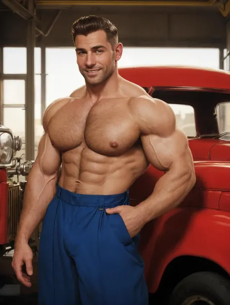 (GS-Masculine:1) (one male), (front side view), (looking at viewer), (standing:1.25) Very detailed youthful face, heroic, detailed realistic open eyes, (muscular:1.5), bodybuilder, (big muscles), (hyper pecs), (hairy pecs), hypermuscle, narrow waist and  (slight smile). Realistic, photoreal, high definition, high contrast, high saturation, highly detailed, high quality, masterpiece, volumetric light, vibrant colors, exquisite illustration. In the style of (norman rockwell), 1950s gasstation, mechanic, jumpsuit
