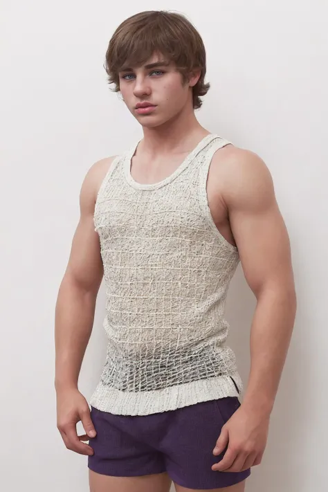 (side view:0.75), looking at viewer, <lora:sc_owen_epoch_8:0.8> caucasian male sksperson, BODE, wearing crotchet knitted purple tank-top and shorts, jewelry, white background, high contrast, deep shadows, professional photography