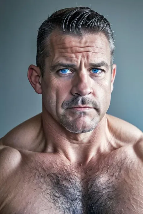 masterpiece, best quality, realistic, hypereal,  raw photo, closeup shot, frontal shot, grey bakground, 
portrait of a muscular man, 50yo , (clean shaved face:1.2), (dark blue eyes:1.1), hairy chest, veiny arms, staring at the camera, fromtal shot, grey background, 
<lora:SD15_OverallDetail:1.4>