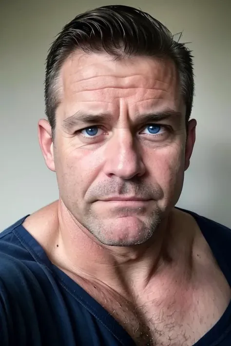 masterpiece, best quality, realistic, hypereal,  raw photo, closeup shot, 
portrait of a muscular man, 50yo , (clean shaved face:1.2), dark blue eyes, hairy chest, veiny arms, (staring at the camera:1.3), frontal shot, mugshot style, head well framed,  grey bakground, 
<lora:SD15_OverallDetail:1.4>