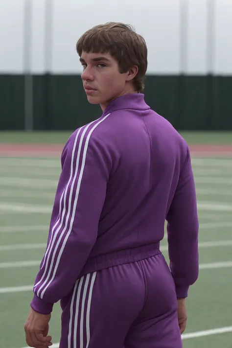 looking back, <lora:sc_owen_epoch_8:0.8> male caucasian sksperson, wearing tight-fitting purple track suit, Adidas, posed on Track and field, blurred background, sports photography