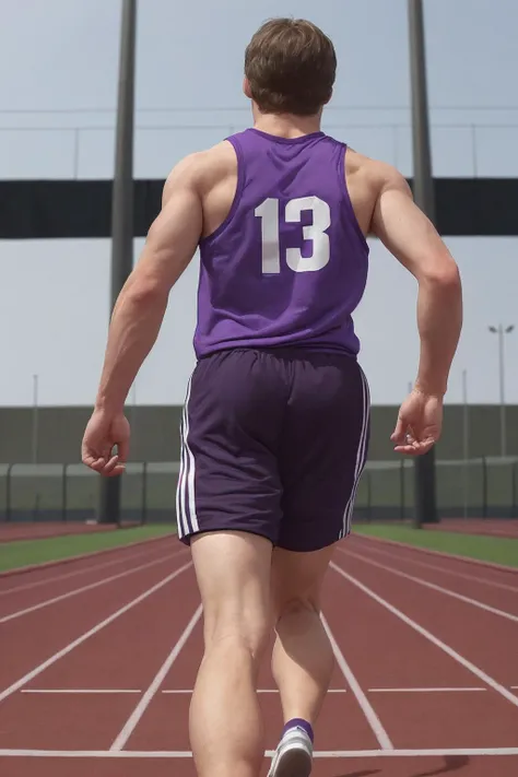 looking back, <lora:sc_owen_epoch_8:0.8> male caucasian sksperson, wearing tank top and purple track shorts, Adidas, starting position, track field, blurred background, sports photography