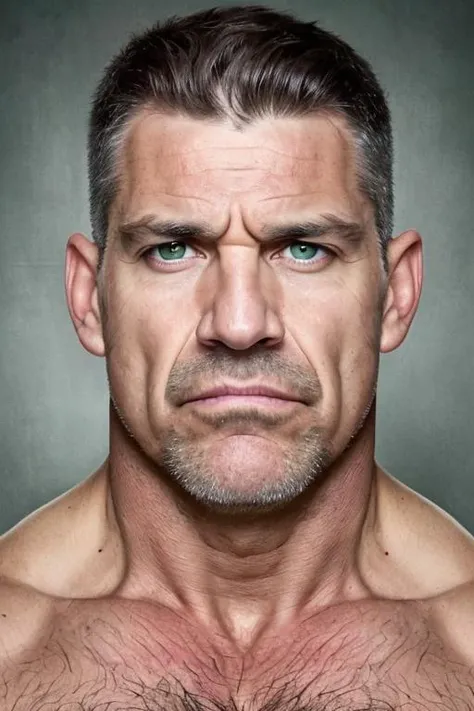 masterpiece, best quality, realistic, hypereal,  raw photo, from above, cowboy shot,
portrait of a muscular man, age 45, cleft chin, wide jaw, broken nose, nasal bridge deviated to the right, clean shaved face, grey green eyes,  wrinkles in the corners of the eyes, marked expression lines, dark brown hair with a bit of grey hair , white sideburns,
veiny arms, 
Dark Grey Texture Photography Backdrop,
<lora:SD15_OverallDetail:1.4>