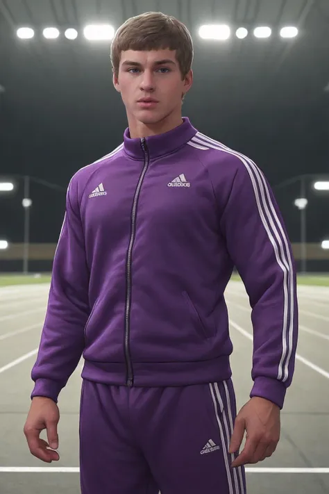 <lora:sc_owen_epoch_8:0.8> caucasian male sksperson, wearing tight-fitting purple track suit, Adidas, posed on Track and field, blurred background, bright lighting, promotional photography